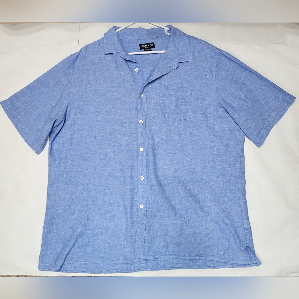 Claiborne Mens SlimFit Linen/Cotton Short Sleeve Button Down Shirt Blue Size XXL